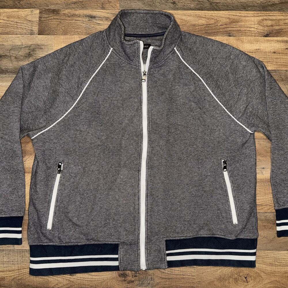 Banana Republic Jacket Mens XL Grey Navy Cotton Knit Full‎ Zip Ribbed Hem Cuffs